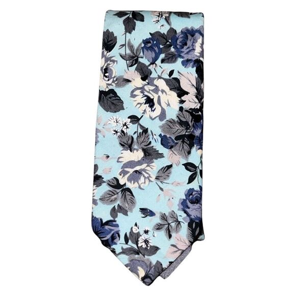 New Stafford Blue Gray & White Floral 100% Cotton Men’s Tie - Picture 1 of 4